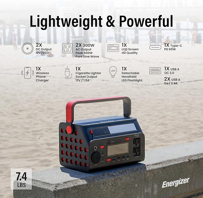 Energizer 293W Portable Power Station, Flashlight, Lithium, Solar Generator, 120V/300W(Peak 600W) Pure Sine Wave AC Outlet, 60W USB-C PD, Case, Outdoor, Home Emergency, Power Outage, RV, Camping, CPAP