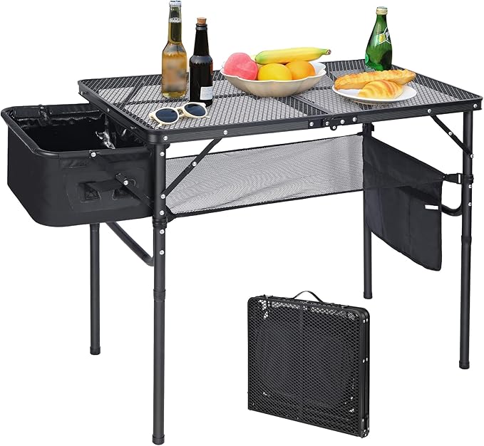 REDCAMP Folding Portable Grill Table with Sink for Outside, Lightweight Aluminum Metal Grill Stand Picnic Table for Camping Cooking BBQ RV Picnic, 2 Heights Adjustable,Black 36"x20"