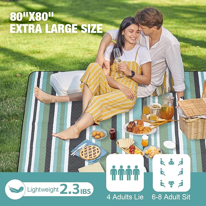 Picnic Blankets Outdoor Extra Large - 80"x80" Waterproof Beach Blanket, Machine Washable 3-Layer Foldable Park Mat with Sandproof Backing for Grass, Hiking, Travel, Concerts, Indoor (OliveStrip)