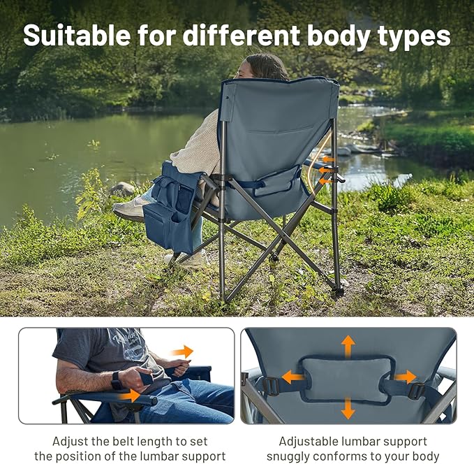 Timber Ridge Oversized Folding Camping Chair with Lumbar Support Adjustable High Back Heavy Duty for Adults Support up to 500lbs with Cup Holder, Cooler Bag, Side Pocket, Blue
