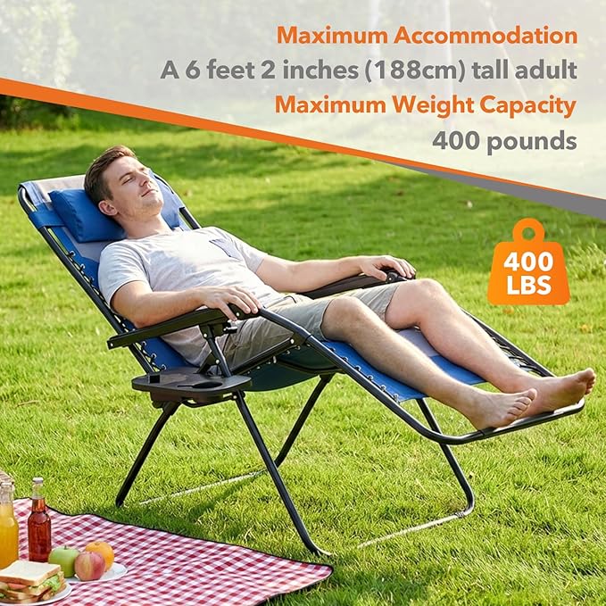Sweetcrispy Zero Gravity Chairs, Foldable Patio Reclining Chairs with Adjustable Pillow & Cup Holder, Oversized Portable Support 400 lbs, for Backyard Camping(Blue-Gray)