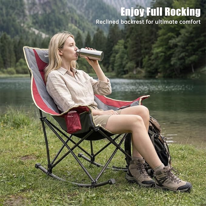 SUNNYFEEL Rocking Camping Chair 2 Pack Fully Padded Patio Folding Chair Portable Oversized Outdoor Rocker High Back Lawn Recliner with Side Pocket Camp Rocker Chairs for Adults Heavy Duty 500 LBS Red