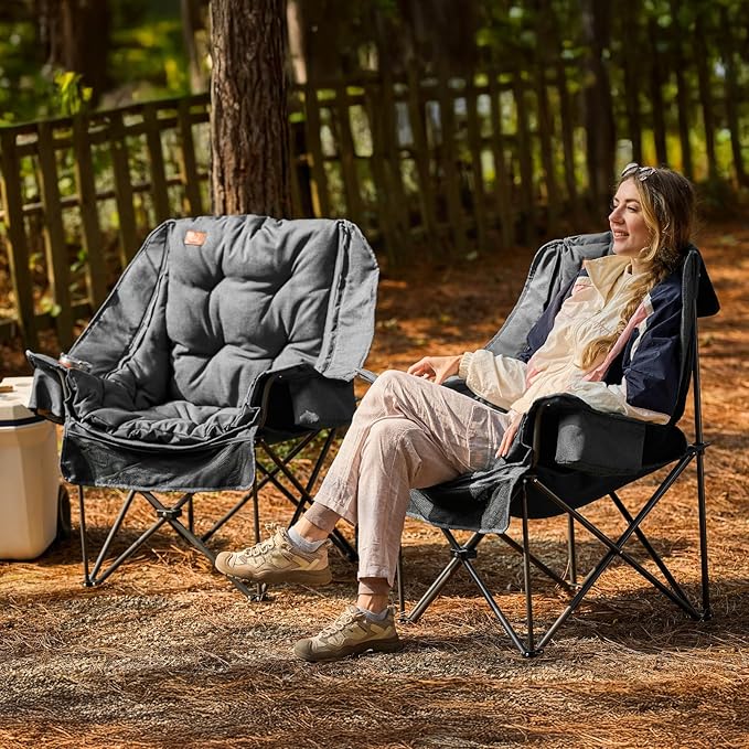 EVER ADVANCED 2 Set Camping Chair with Detachable Cushion, Mesh Chair for Adults Foldable, Oversized Heavy Duty Folding Chair with Cooler Mesh Pocket Cupholder Outdoor Fishing, Supports 400LBS Grey