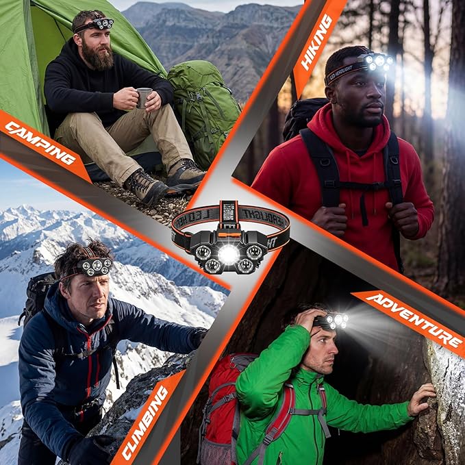 10 Pack Rechargeable Headlamp, USB Rechargeable LED Head Lamp Bulk, 4 Mode 90° Angle Adjustable Focus Head Lights for Forehead, Waterproof Headlamps for Adult Outdoor Camping Hiking Fishing Hunting