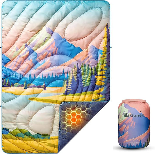 Gonex Camping Blanket with Aero-Warmth Breathable Layer - Puffy Printed Packable Blanket, Ultralight Wearable Water-Resistant Quilt, 79" X 55" for Camping, Beach, Hiking, Travel, Picnics (Landscape)