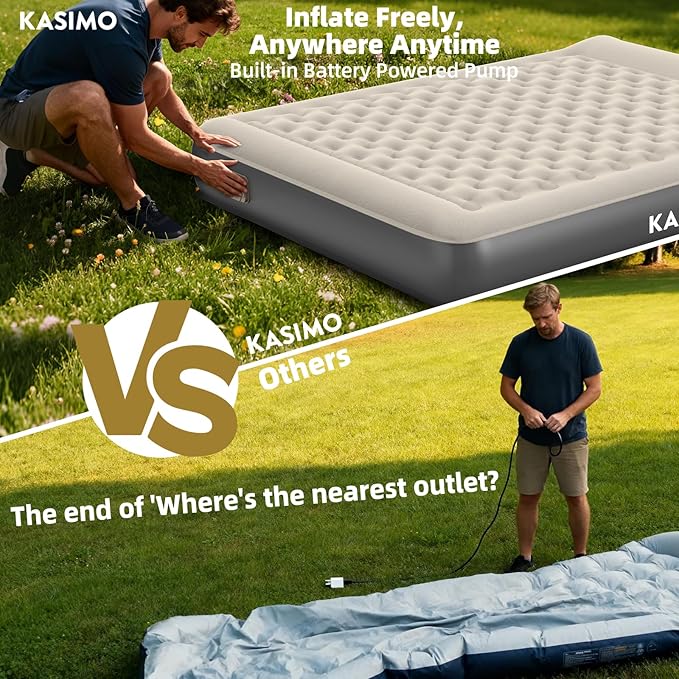KASIMO Air Mattress Queen with Built-in Battery Powered Removable Pump, TPU Blow Up Mattress with Pillow, Strong Support All Night, No Lost Air,Compact Inflatable Air Bed for Home Guests Camping