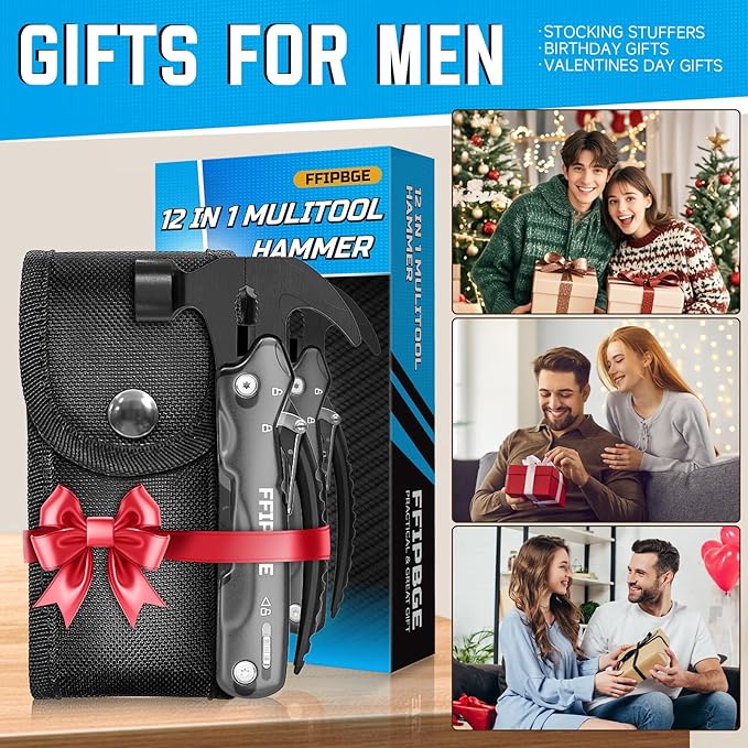 12 in 1 Hammer Multitool, Caming Mulititool with Screwdriver, Safety Lock and Durable Nylon Sheath, Christmas Stocking Stuffers for Men Adults, Birthday Gifts Survival Tools for Him, Dad, Grey