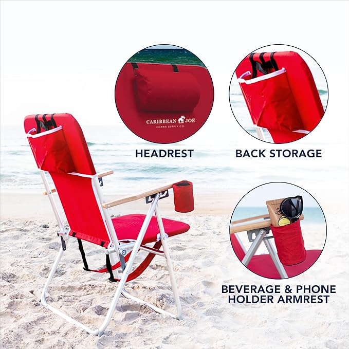 CARIBBEAN JOE Folding Beach Chair, 4 Position Portable Backpack Foldable Camping Chair with Headrest, Cup Holder, and Wooden Armrests