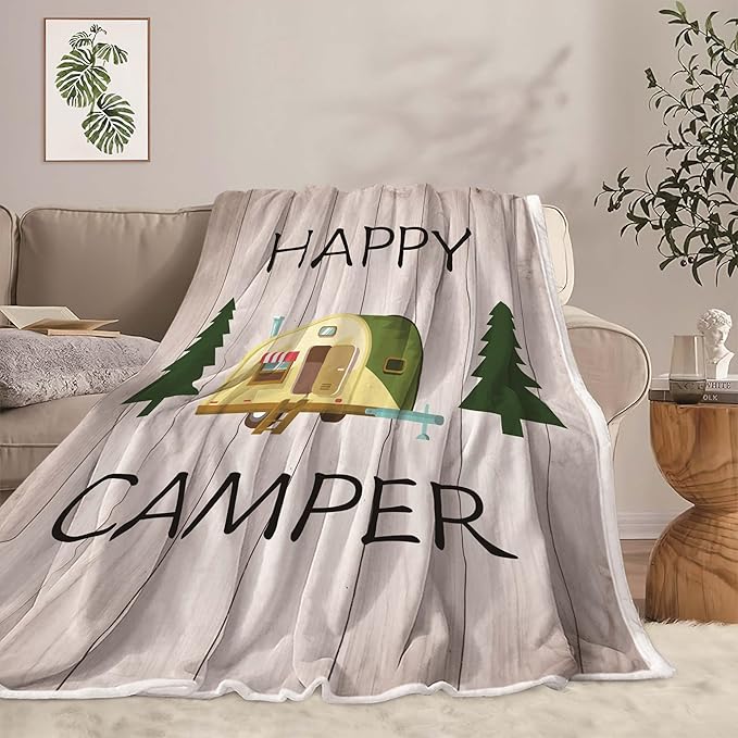 Camping Throw Blanket, Camping Gifts for Camper Outdoor Travel Trailer Blanket, Super Soft Comfy Fleece Flannel Throws Blankets for Couch Bed Sofa Living Room Bedroom Decor Beige 30x40 Inches