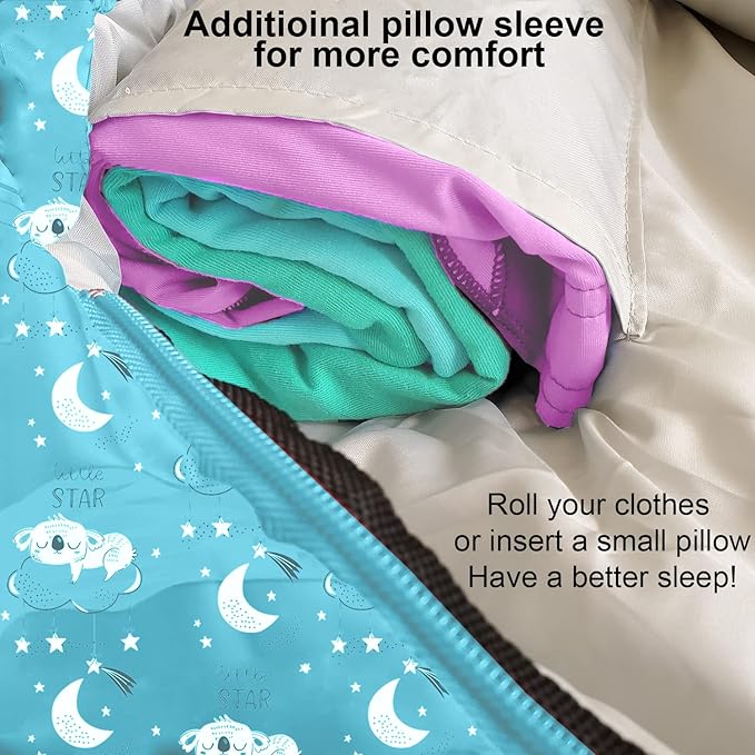 KidzAdventure Mummy Style 32 – 59F Kids Sleeping Bag with Pillow Sleeve, 4 Season, Lightweight and Backpacking Style, Ideal for Camping, Sleepover, Boys, Girls, and Youth