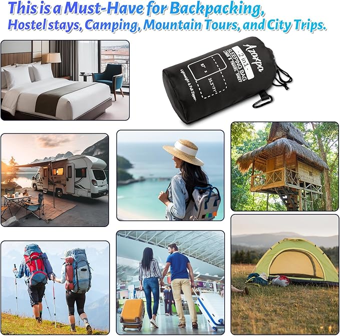 Lightweight Sleeping Bag Liner, Travel Sheets and Adults Sleep Sack, 220 x 95cm with Full Lockable Zipper and Travel Buckle - Portable & Easy Care, Idea for Backpacking, Camping, Hotels, and Trips