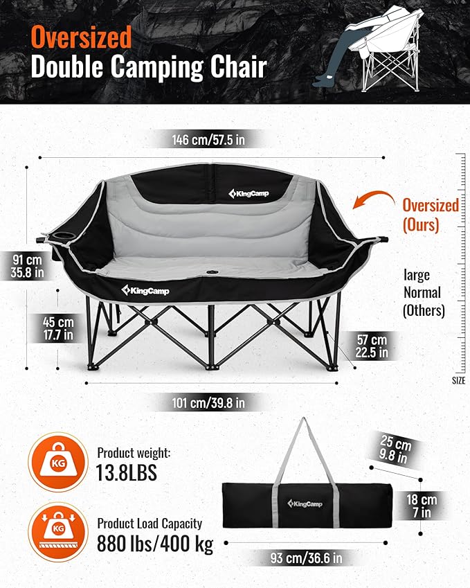 KingCamp Oversized Double Camping Chair, Heavy Duty 880lbs with Padded Seat & Cup Holders, 2 Person Loveseat Perfect for Outdoor Sports Family and Couples, Ideal for Lawn and Backyard, Black/Grey