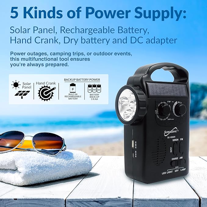Supersonic SC-1095ER Emergency Solar/Hand Crank Radio w/Flashlight, 3 Power Supplies, Emergency Lantern, Speaker, AM/FM Radio, Solar Panel, Hand Generator, SOS Alarm, Phone Charger, 3xAA Compatible