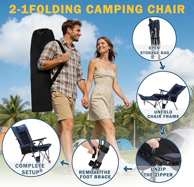 Folding Camping Chair for adults-3-in-1 Heavy Duty Foldable Camp Chair with Detachable Footstool, Padded Pillow, Cup Holder & Carry Bag,5-Speed Adjustable,400 LBS Capacity