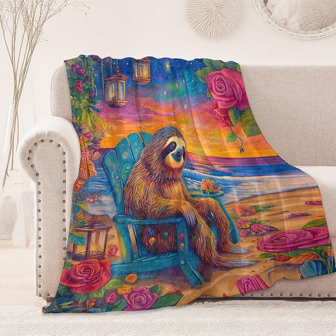Beach Sloth Flower Blanket, Cozy Flannel Floral and Sunset Blankets, All Season Soft Throw for Travel Home Decor, Lightweight Sofa Bed Chair Throws, Gifts for Women Kids Animal Lovers, 50"×60"