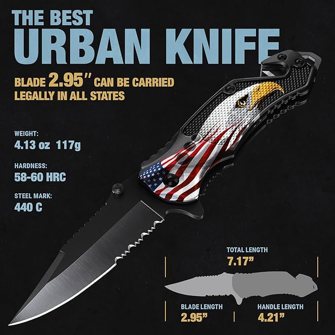 GOOD WORKER Legal Pocket Knife with 2.95” Serrated Blade, Glass Breaker, Seat Belt Cutter - EDC Sharp Folding Knives with Portable Clip - Small Tool for Tactical Camping Survival Hiking - Gifts for Men, Women