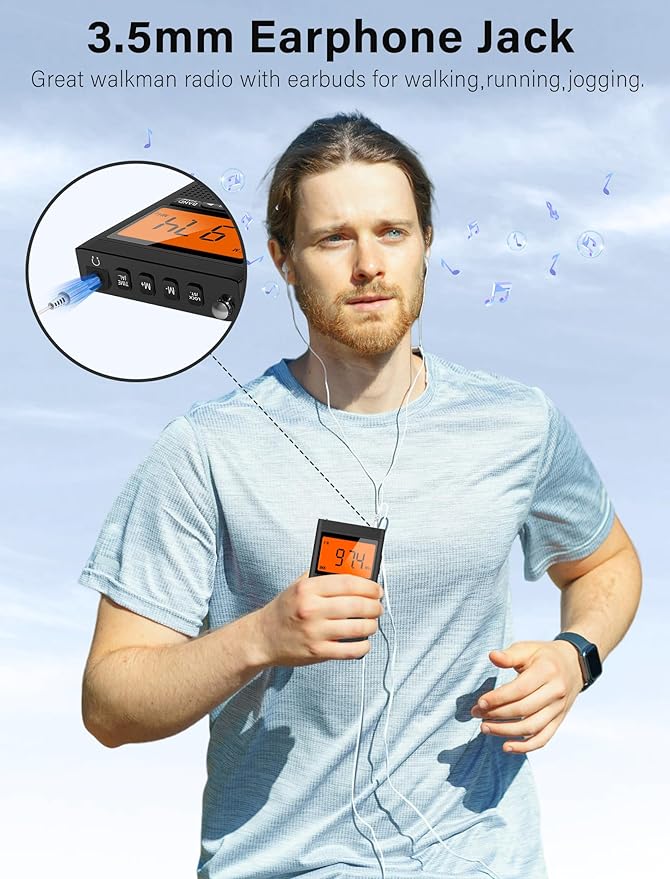 AM FM Portable Radio Personal Radio with Excellent Reception Battery Operated by 2 AAA Batteries with Stero Earphone, Large LCD Screen, Digtail Alarm Clock
