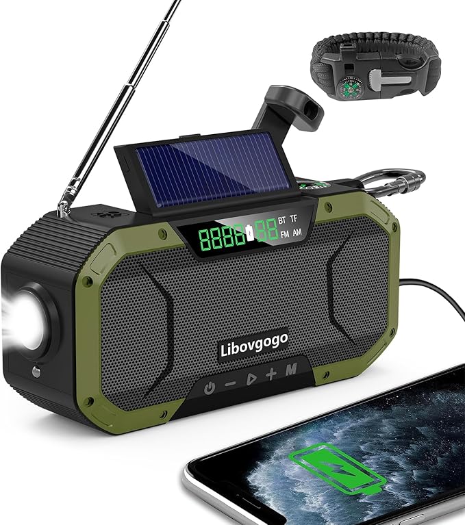 Emergency Radio Waterproof Bluetooth Speaker,Portable AM FM Radio with 5000mAh/18500mWh Cell Phone Charger,Flashlight,Reading Lamp,Hand Crank NOAA Weather Radio with Solar Panel,Emergency Survival Kit