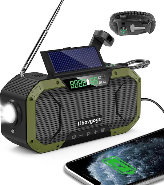 Emergency Radio Waterproof Bluetooth Speaker,Portable AM FM Radio with 5000mAh/18500mWh Cell Phone Charger,Flashlight,Reading Lamp,Hand Crank NOAA Weather Radio with Solar Panel,Emergency Survival Kit