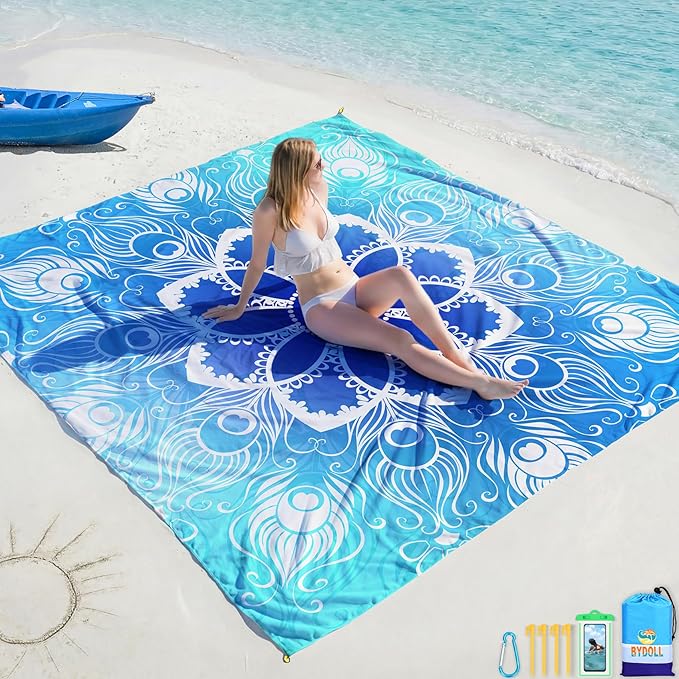 BYDOLL Beach Blanket Waterproof Sandproof Large Sand Free, 78''X81'' Oversized Sandless Lightweight Blanket Picnic Mat for Beach Travel Camping Hiking with Stakes