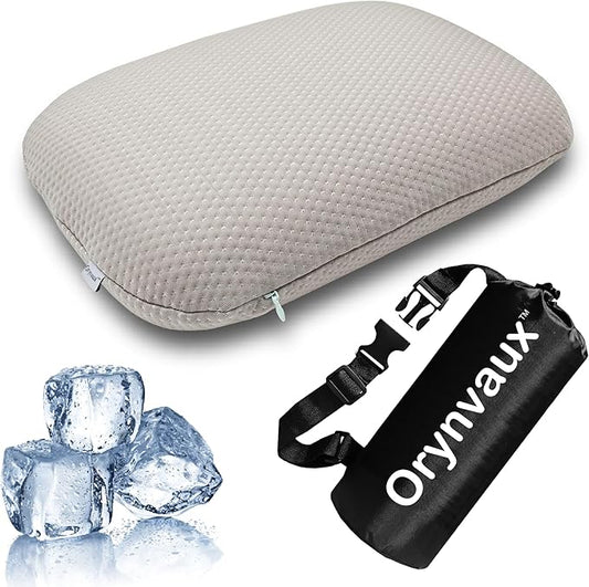 Cooling Camping Pillow, Memory Foam Travel Pillow with Adjustable Buckle Strap & Storage Bag, Compact Small Pillow for Airplane, Car Lumbar, Office, Washable Cooling Cover, Dusk Grey