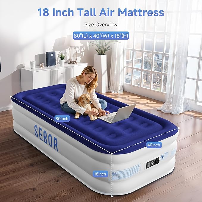 Sebor Air Mattress Twin with Built-in Pump 18", Comfortable Self-Inflating Air Mattress with High-Speed Pump, Durable Blow Up Mattress Twin with Storage Bag for Guests, Camping, Travel