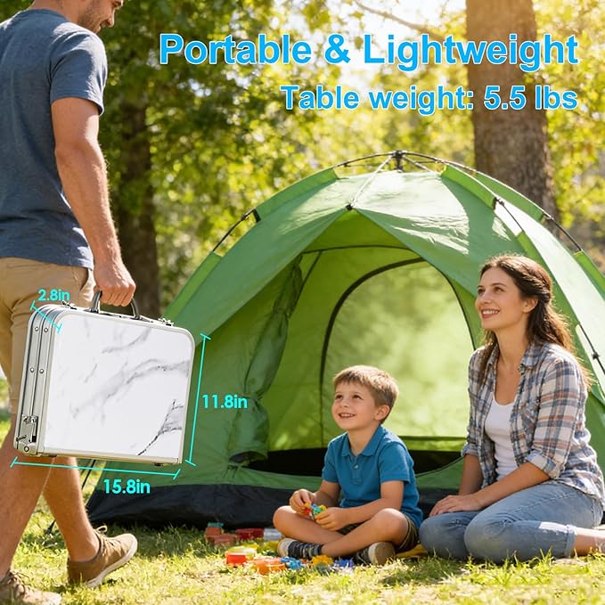 YUFIFAIRY Small Folding Camping Table, 2ft Portable Table with 3 Adjustable Heights, Aluminum Lightweight Foldable Picnic Table with Mesh Layer and Extension Legs for RV, BBQ and Indoor