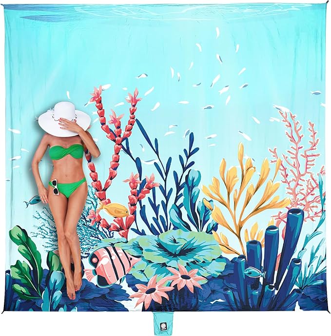 WEKAPO Beach Blanket Waterproof Sandproof Oversized, Extra Large Beach Mat Sand Free, Lightweight & Compact Sand Free Mat with 5 Stakes & 4 Corner Pockets