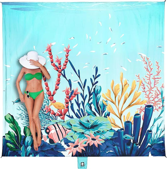 WEKAPO Beach Blanket Waterproof Sandproof Oversized, Extra Large Beach Mat Sand Free, Lightweight & Compact Sand Free Mat with 5 Stakes & 4 Corner Pockets