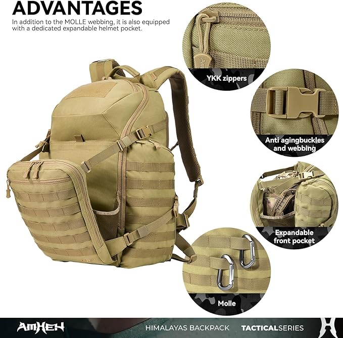 AMHEH 52L Tactical Backpack - 1050D 72 Hour Bug Out, 17" Laptop Compartment, Helmet Pocket and MOLLE for Survival Emergency (Tan)