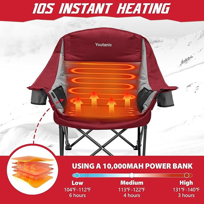 Youtanic Heated Camping Chair, 3 Heat Levels Oversized Padded Lawn Chair with Side Pockets and Cup Holder, Outdoor Heating Folding Camp Chair for Adults, Fishing, Sports, Picnic, up to 500lbs, Style 3