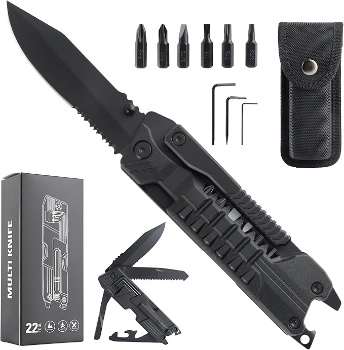 Leopcito Multitool Knife with Nylon Pouch, 22 in 1 EDC Multi Tools with Fire Starting Sticks, Bottle Opener, Whistle, Pocket Knife and Window Breaker, Perfect for Survival, Outdoor and Everyday Use