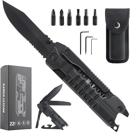 Leopcito Multitool Knife with Nylon Pouch, 22 in 1 EDC Multi Tools with Fire Starting Sticks, Bottle Opener, Whistle, Pocket Knife and Window Breaker, Perfect for Survival, Outdoor and Everyday Use