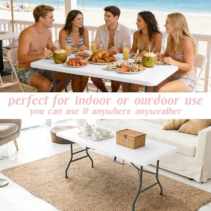 Fivenl 5 Feet Portable Folding Table White, Steel Legs Fold-in-Half with Carrying Handle Rectangular Plastic Foldable Table for Party, Wedding, Camping, Picnic, Dining, Indoor Outdoor Events
