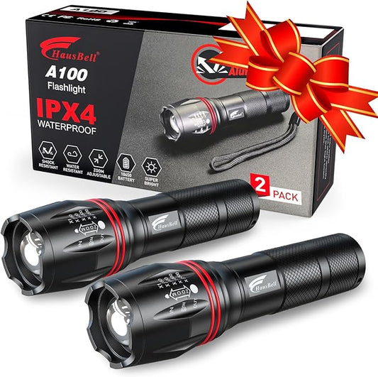 HAUSBELL A100 2000 Lumen Flashlight 2 Pack, Heavy-Duty Aluminum Tactical Flashlights High Lumens with 5 Modes Zoomable Waterproof, Emergency Camping Essentials for Home Hiking