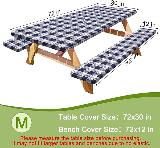 Picnic Table Cover with Bench Covers Portable Table Cloth Built-in Storage Pocket Fitted Tablecloth with Elastic Edges Waterproof Camping Essentials for Indoor Outdoor Rv,72in,Blue
