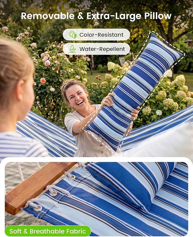 ANAGOO Double Quilted Outdoor Hammock for 2 Adults, 500lb Capacity Backyard & Camping Hammock with Pillow and Bamboo Spreader Bar, Fits 11–15ft Hammock Stands (Stand Not Included),Blue