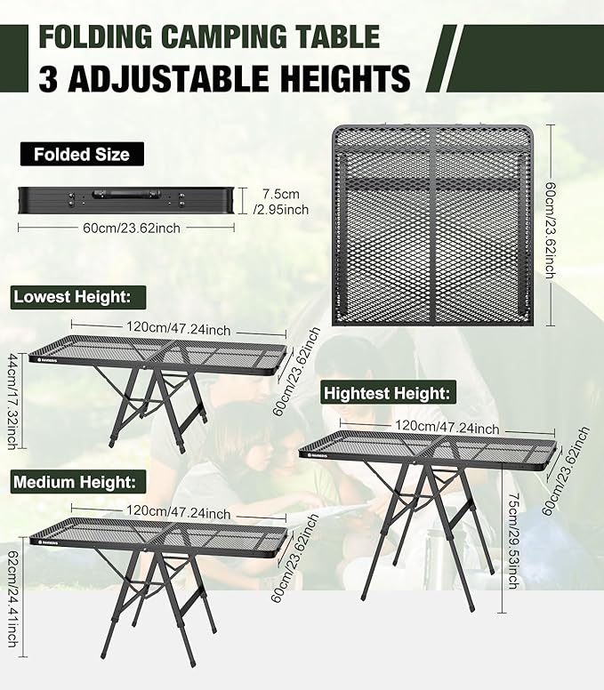 Raynesys Foldable Grill Table with Mesh Desktop, 200lbs 4Ft Portable Folding Table, Height Adjustable Metal Table for Ourdoor, Camping, Picnic, BBQ and Beach, RV, 47.24" L x 23.62" W