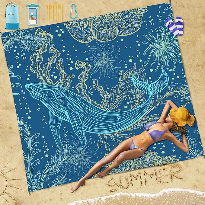 Famstar Beach Blanket Sandproof Waterproof 78''81'' 1-5 Adults Oversized, Compact Lightweight Durable 210T Polyester Beach Mat for Travel Camping Hiking Picnic