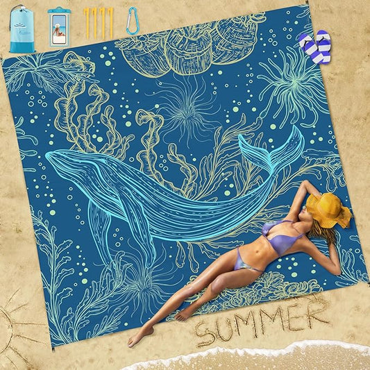 Famstar Beach Blanket Sandproof Waterproof 78''81'' 1-5 Adults Oversized, Compact Lightweight Durable 210T Polyester Beach Mat for Travel Camping Hiking Picnic