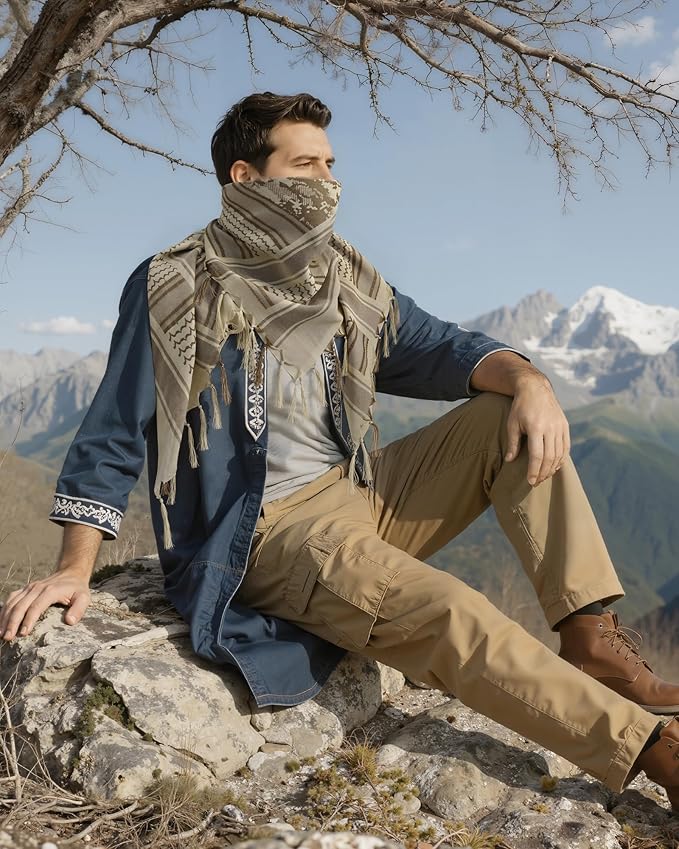 Aonal Military Shemagh Tactical Desert Scarf, 100% Cotton Keffiyeh Neck Head Scarf Wrap for Men Women