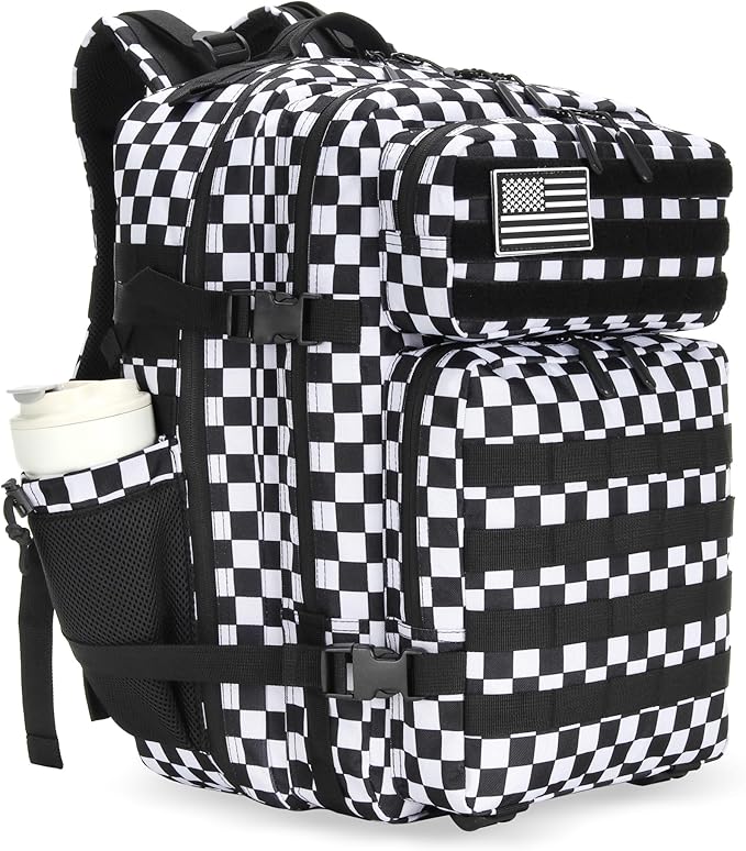 Lovelinks21 45L Tactical Assault Backpack 3 day assault pack with Molle Waterproof backpack Rucksack for Tactical Backpacks (Black and white check)