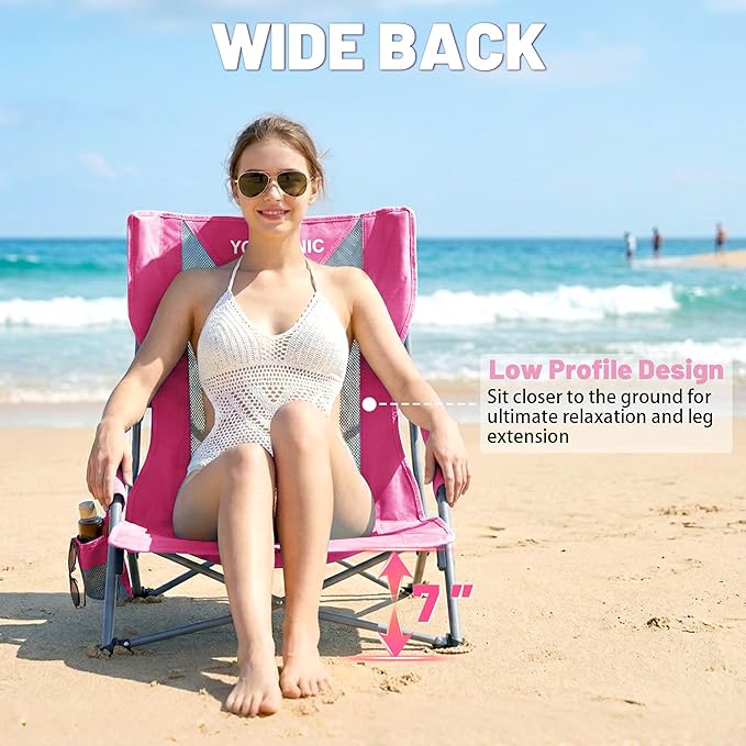 Youtanic Portable Beach Chair 2-Pack, 400 lbs Folding Camping Chair, Lightweight Low Profile Lawn Chair with Wide Seat, Cup Holder & Padded Armrests for Outdoor, Travel, Sand, Pink