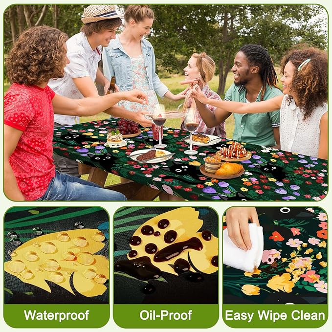 Picnic Table Cover with Bench Covers Portable Table Cloth Built-in Storage Pocket Fitted Tablecloth with Elastic Edges Waterproof Camping Essentials for Indoor Outdoor Rv,72in,Green Black
