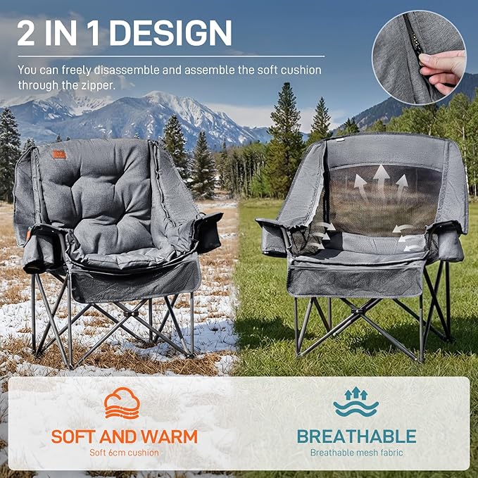EVER ADVANCED 2 Set Camping Chair with Detachable Cushion, Mesh Chair for Adults Foldable, Oversized Heavy Duty Folding Chair with Cooler Mesh Pocket Cupholder Outdoor Fishing, Supports 400LBS Grey