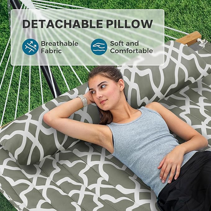 SUPERJARE Hammock with Stand, 2 Person Quilted Outdoor Hammock, Detachable Pillow & Bamboo Spreaders, Portable with Carrying Bag, Heavy Duty Stand, Perfect for Outside, Patio, Grey with White Flower