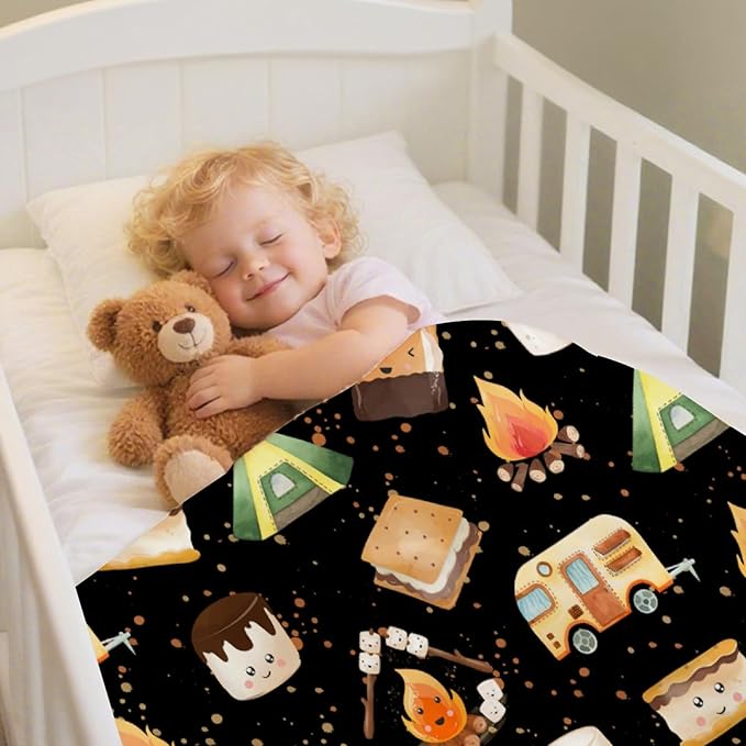 Cute S'Mores Flannel Blanket | Ultra Soft Roasted Marshalows Throw for Couch/Sofa/Travel/Camping | Camping Blanket Gifts for Camper Lover Decor - 40"x50"-Kids/Throw Size