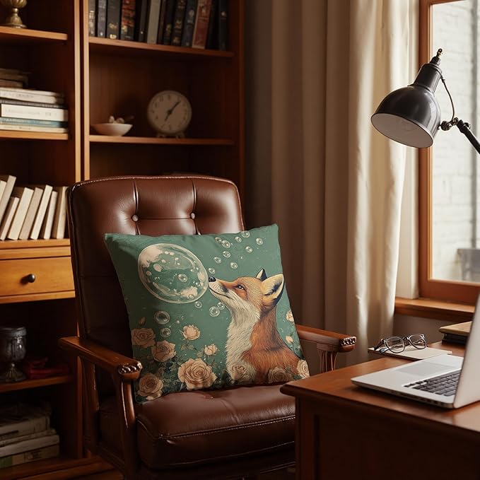 Fantasy Bubble Fox Pillow Cover 18x18, Fox Decor for Home, Boho Whimsical Forest Animal Rose Floral Decorative Throw Pillow Cover for Home Bedroom Living Room Sofa Couch