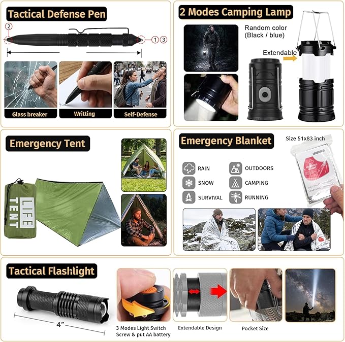 Survival Kit, 294 Pcs Survival Gear First Aid Kit with Molle System Compatible Bag and Emergency Tent, Emergency Kit for Earthquake, Outdoor Adventure, Hiking, Hunting, Gifts for Men Women