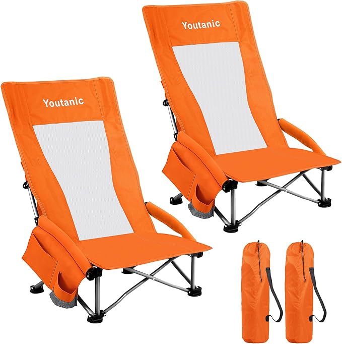 Youtanic High Back Beach Camping Chair 2 Pack, Extra Wide Folding Outdoor Chair with Cooler Bag, Breathable Mesh & Dual-Use Pillow, Portable Lounge Seat for Adults, Sand, Sports, Picnic, Orange